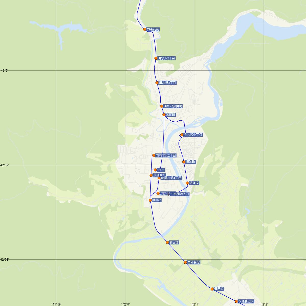 南清水沢駅（JR北海道）周辺のバス路線図