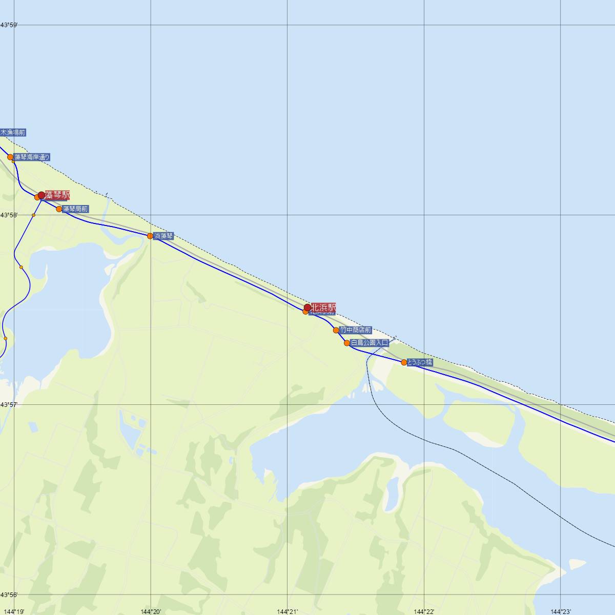 北浜駅（JR北海道）周辺のバス路線図