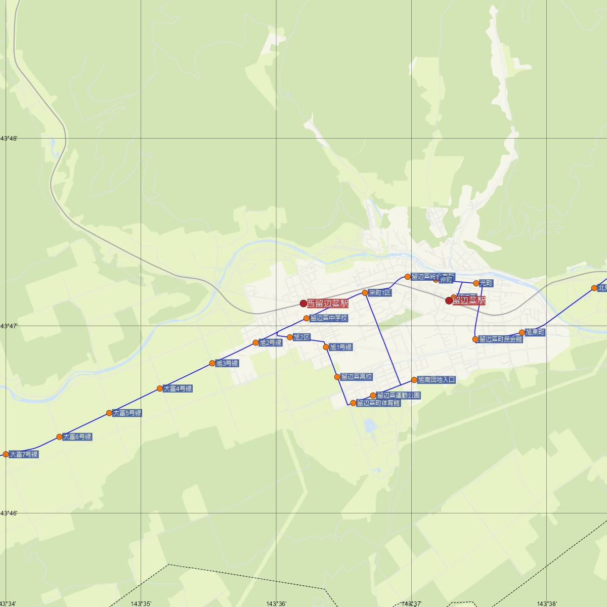 西留辺蘂駅（JR北海道）周辺のバス路線図