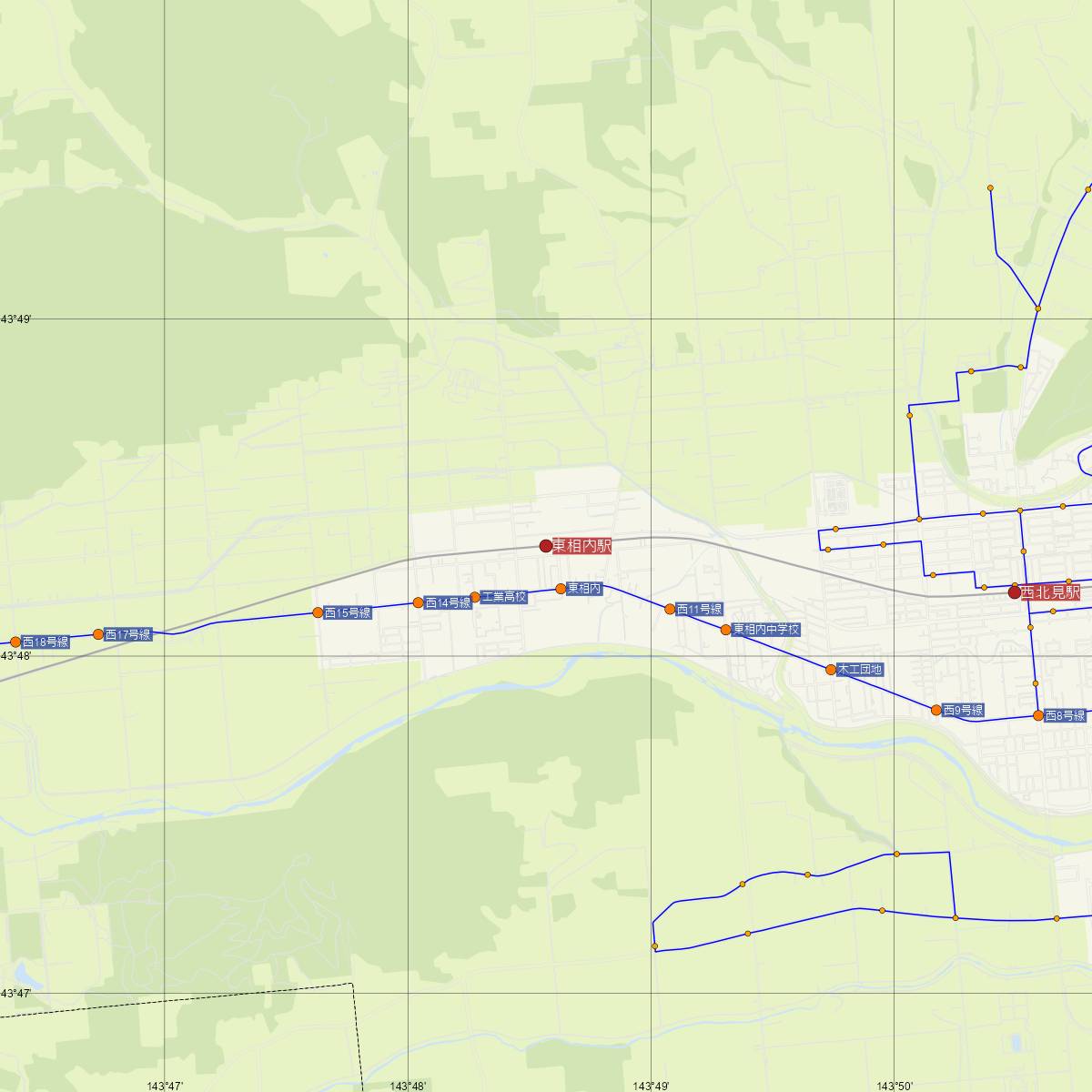 東相内駅（JR北海道）周辺のバス路線図