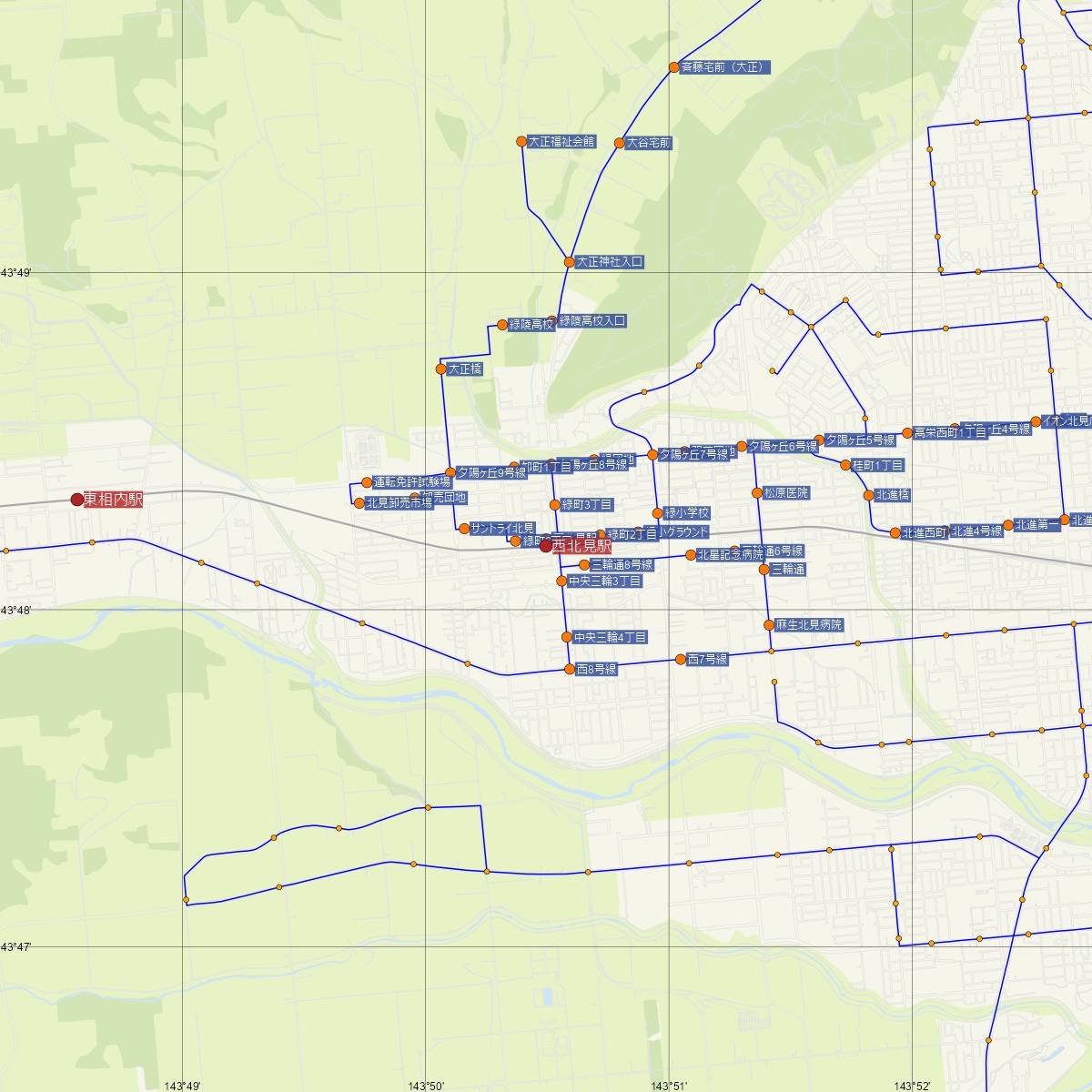 西北見駅（JR北海道）周辺のバス路線図