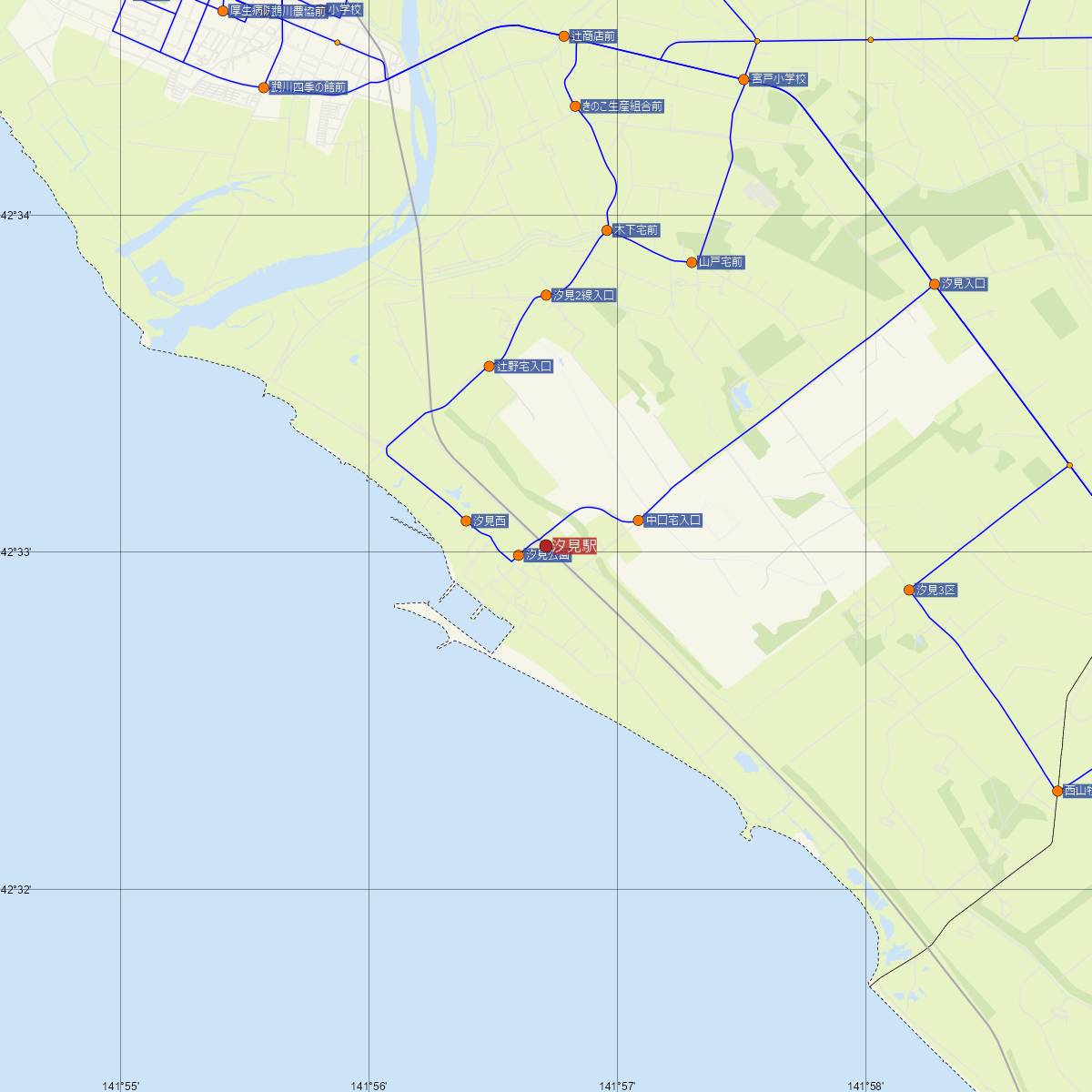 汐見駅（JR北海道）周辺のバス路線図