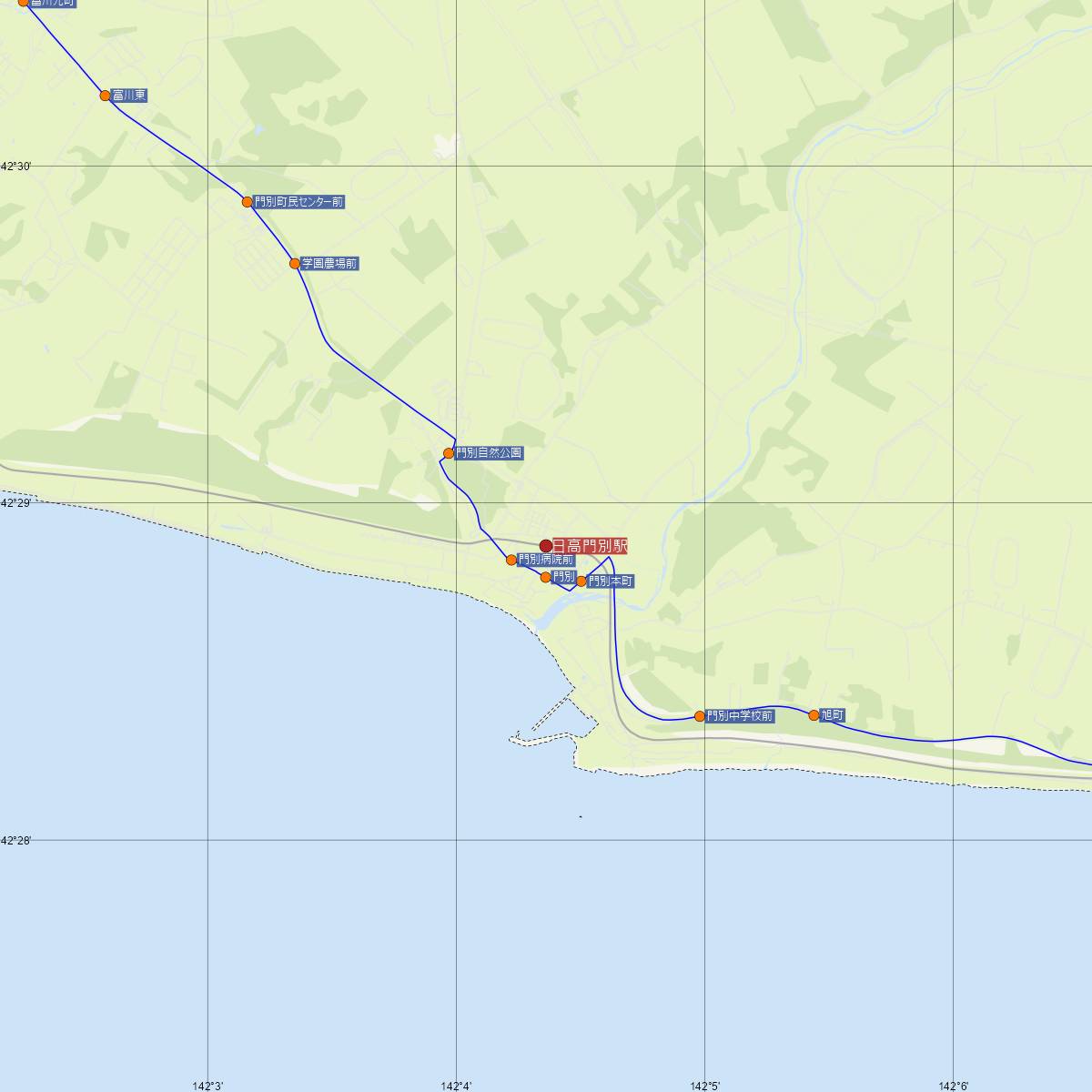 日高門別駅（JR北海道）周辺のバス路線図