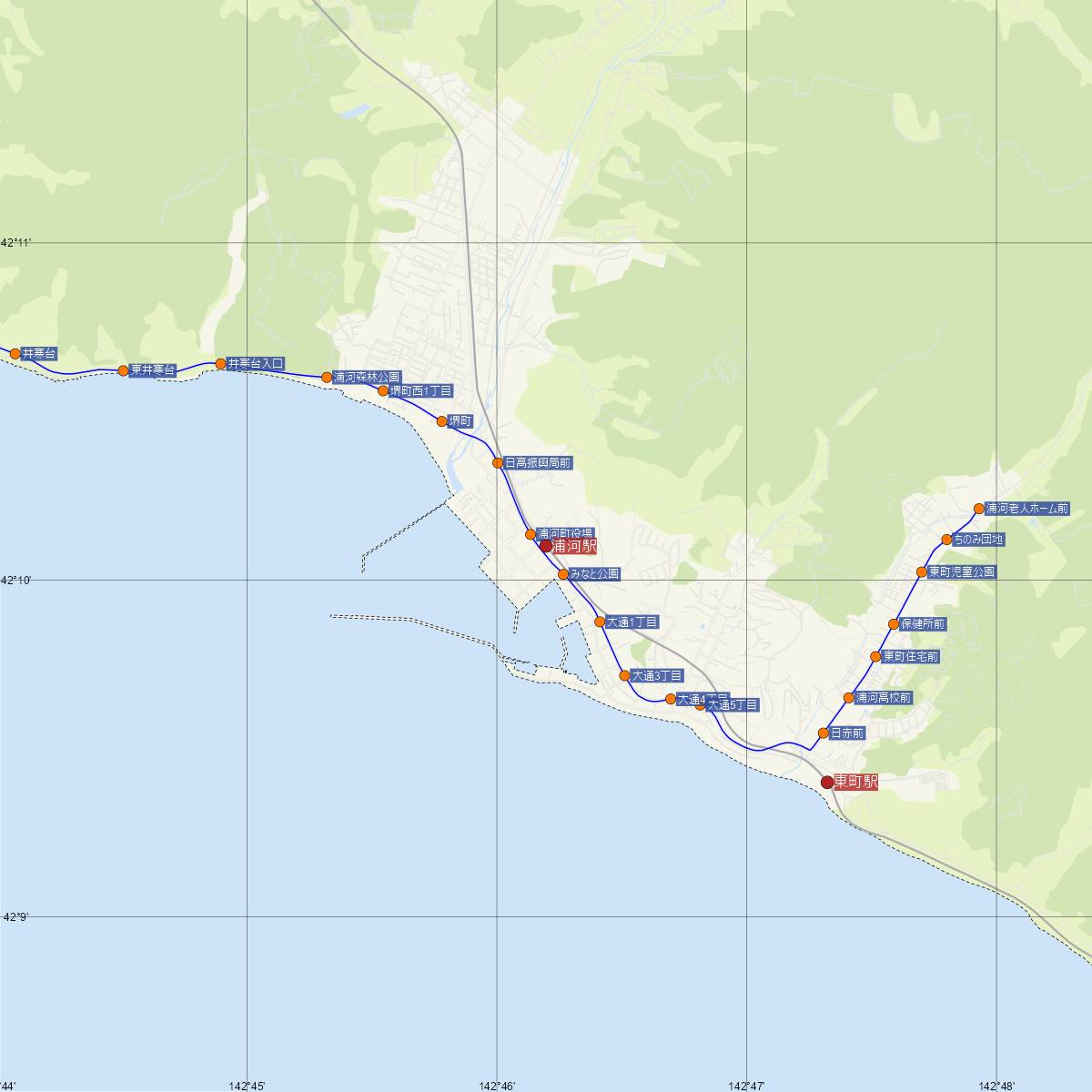 浦河駅（JR北海道）周辺のバス路線図