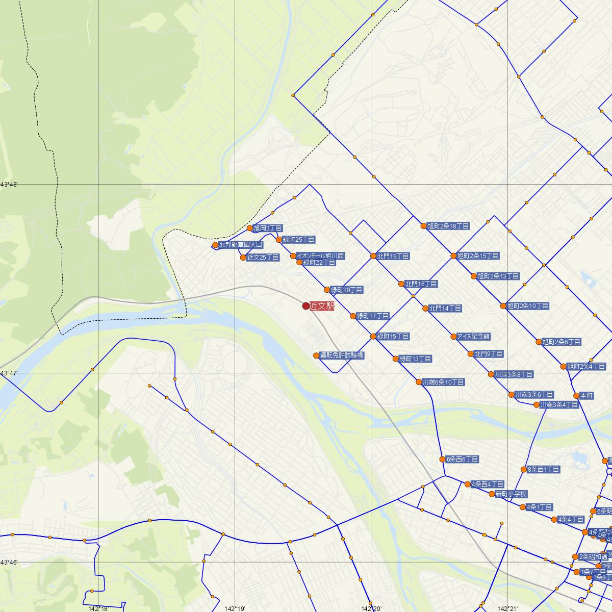 近文駅（JR北海道）周辺のバス路線図