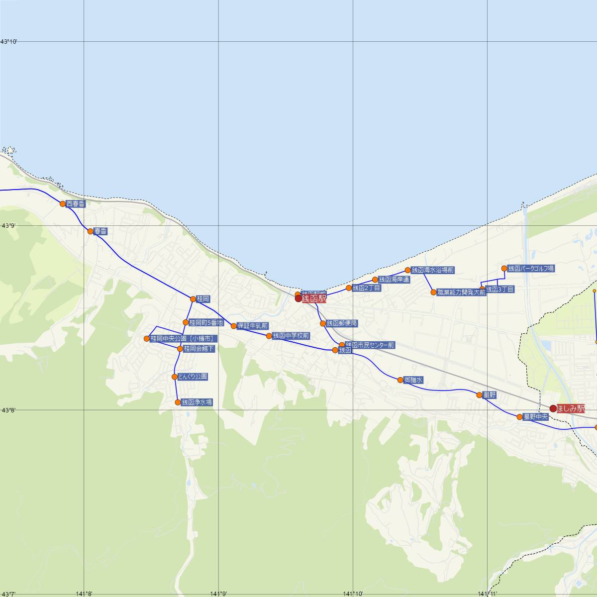 銭函駅（JR北海道）周辺のバス路線図