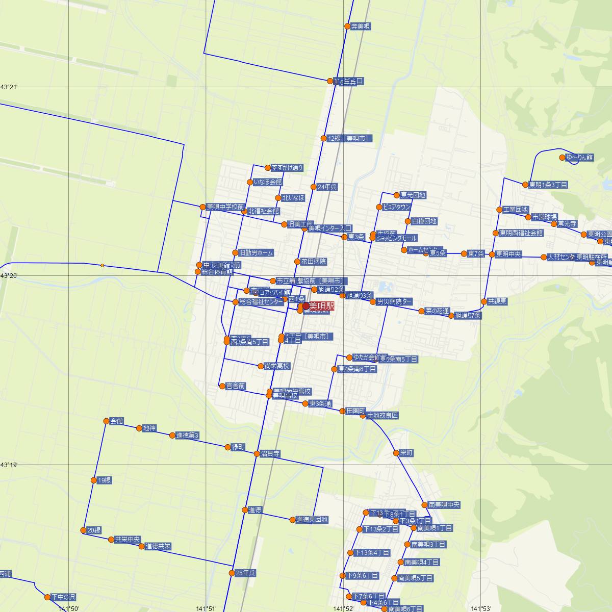 美唄駅（JR北海道）周辺のバス路線図