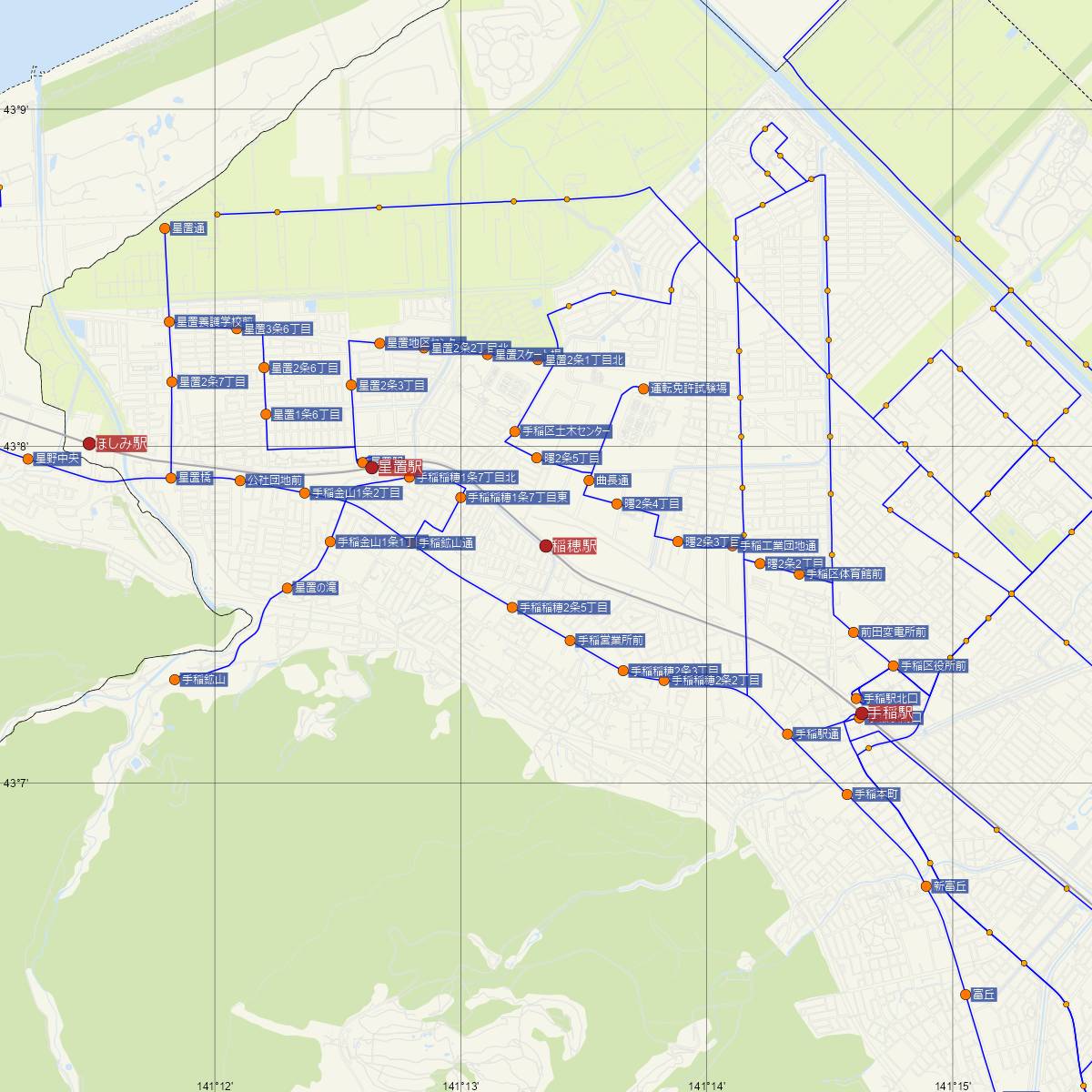 稲穂駅（JR北海道）周辺のバス路線図