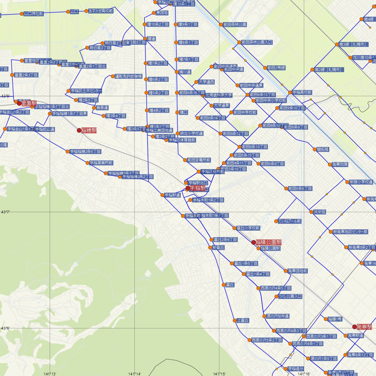手稲駅（JR北海道）周辺のバス路線図