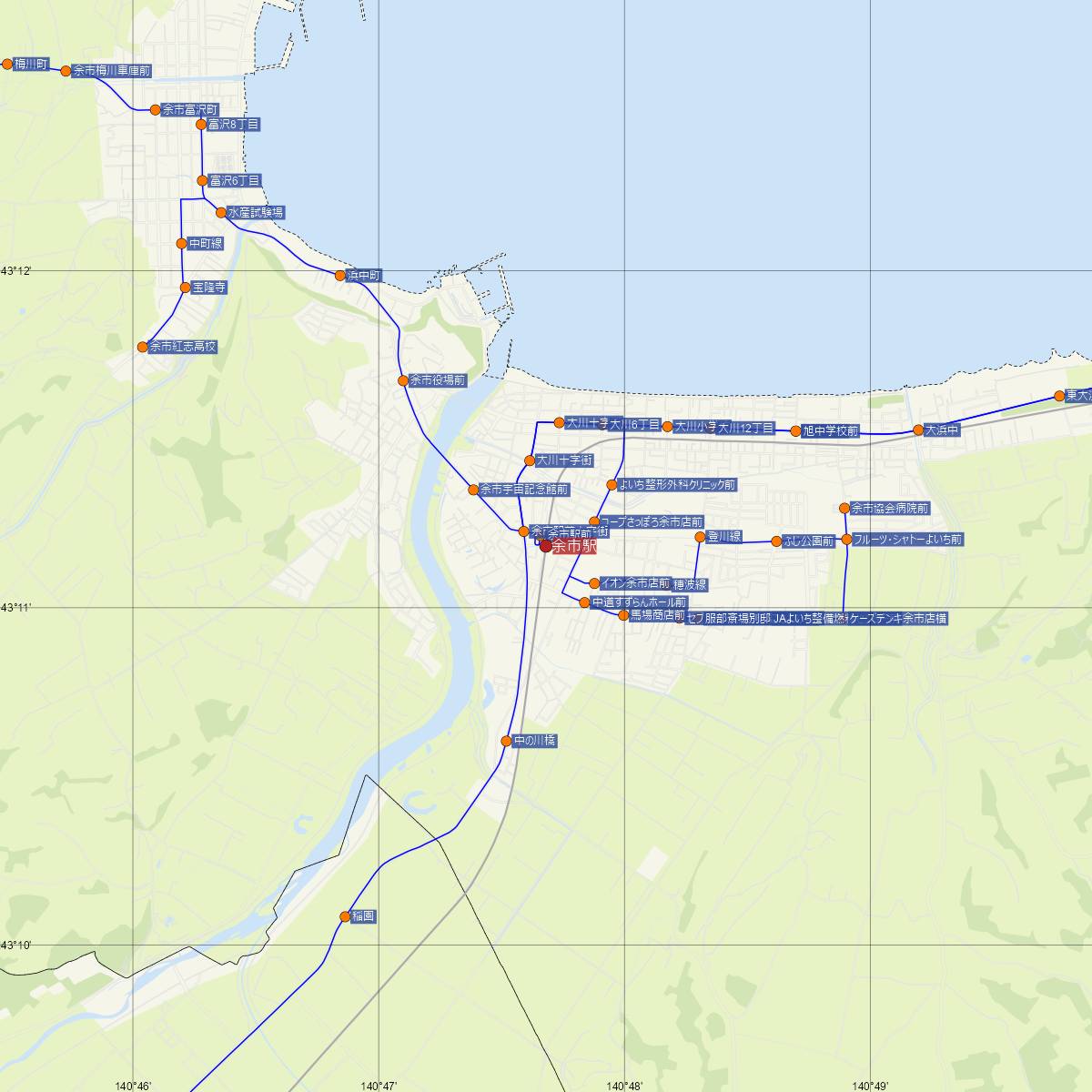 余市駅（JR北海道）周辺のバス路線図