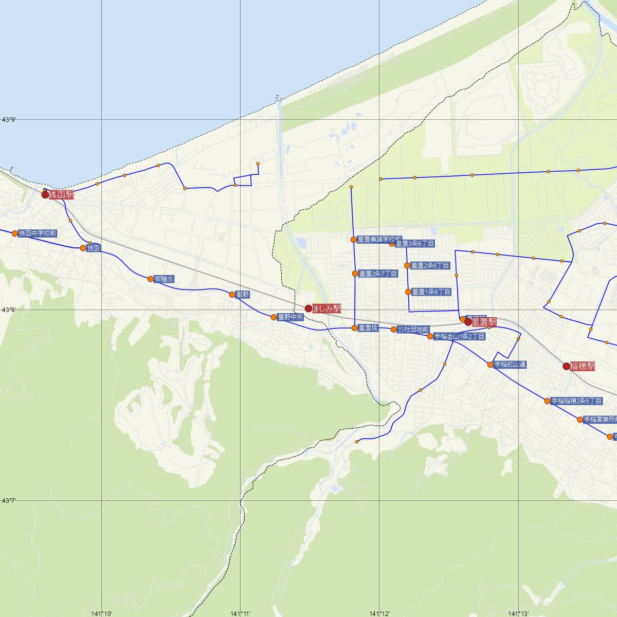 ほしみ駅（JR北海道）周辺のバス路線図