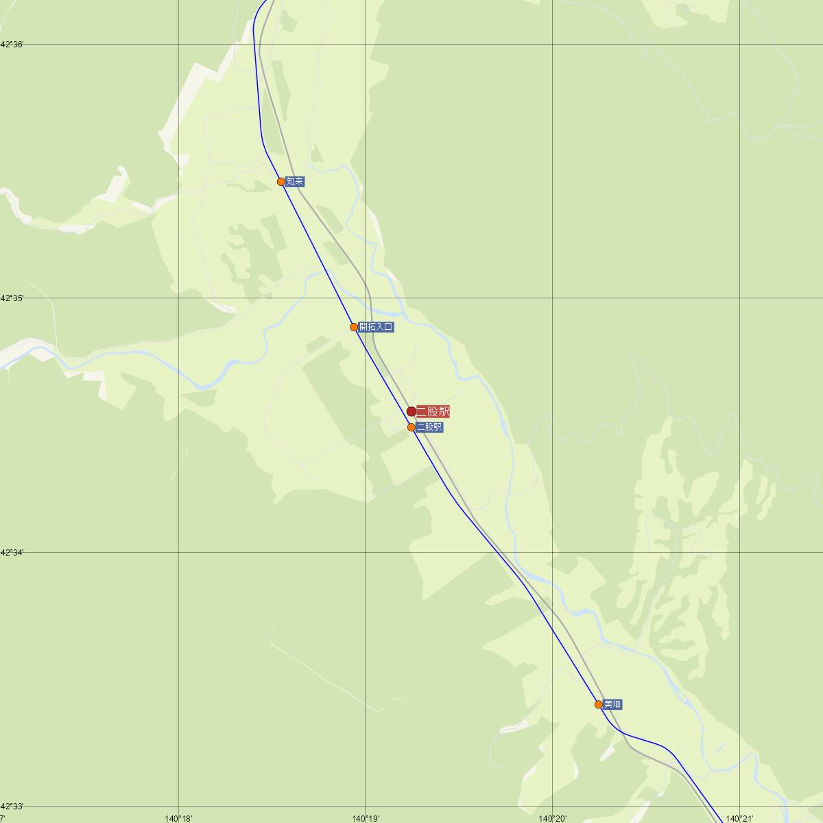 二股駅（JR北海道）周辺のバス路線図