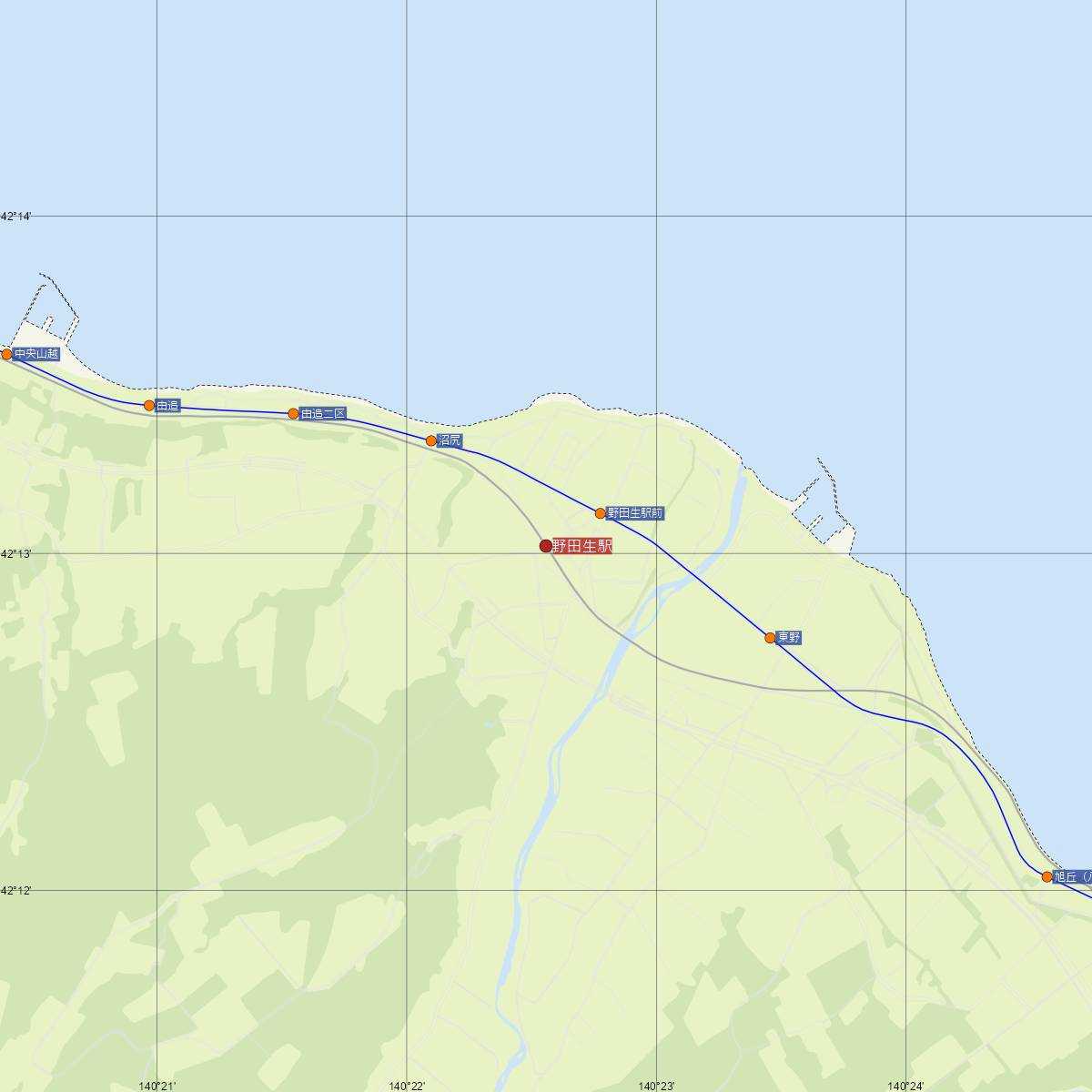 野田生駅（JR北海道）周辺のバス路線図