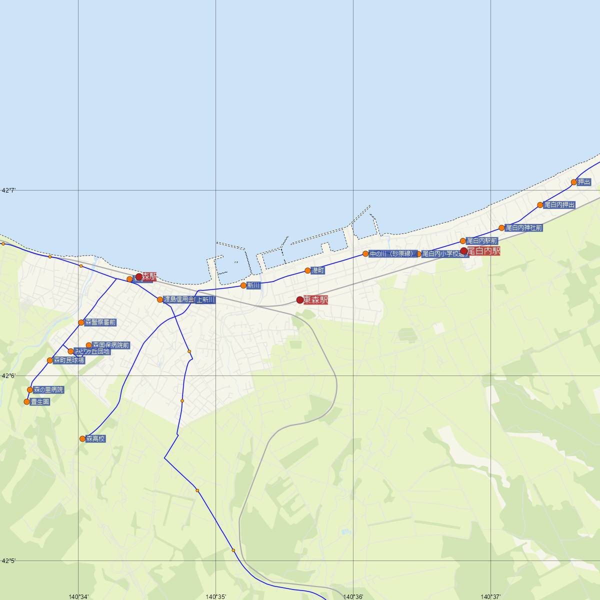 東森駅（JR北海道）周辺のバス路線図