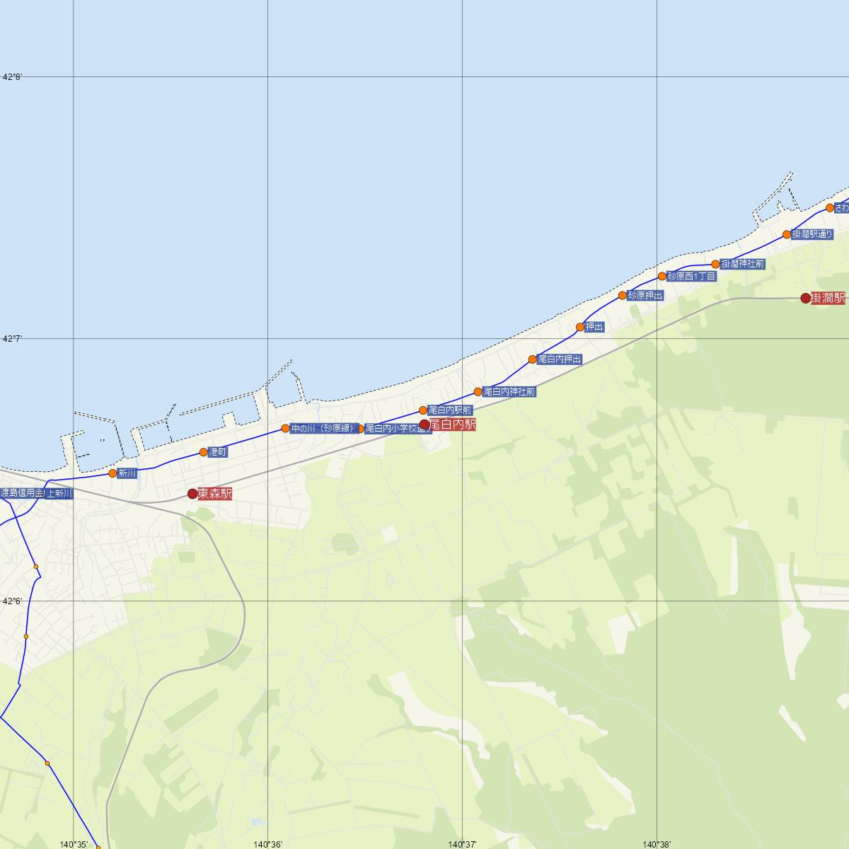 尾白内駅（JR北海道）周辺のバス路線図