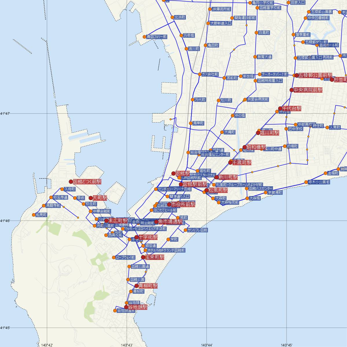 函館駅（JR北海道）周辺のバス路線図