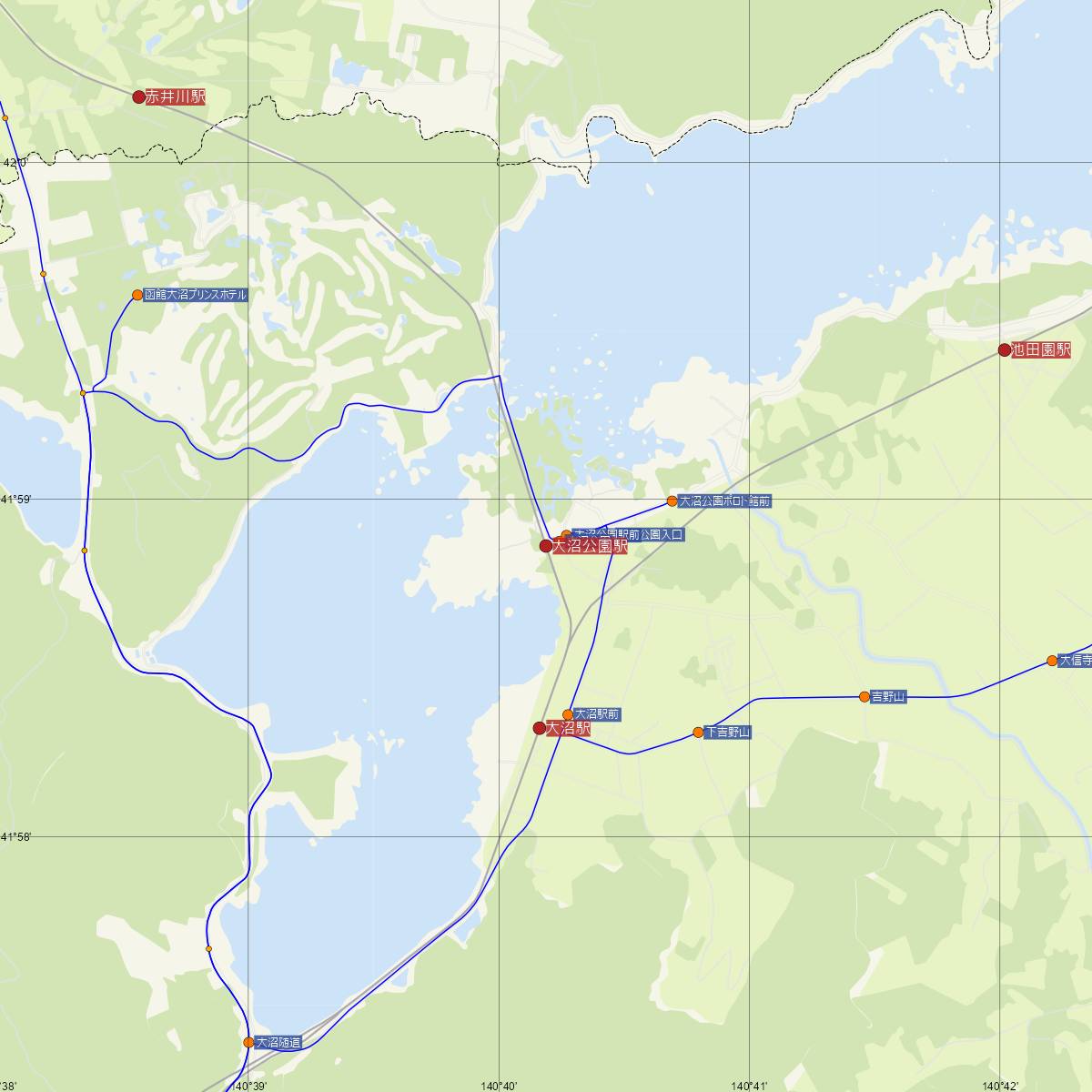 大沼公園駅（JR北海道）周辺のバス路線図