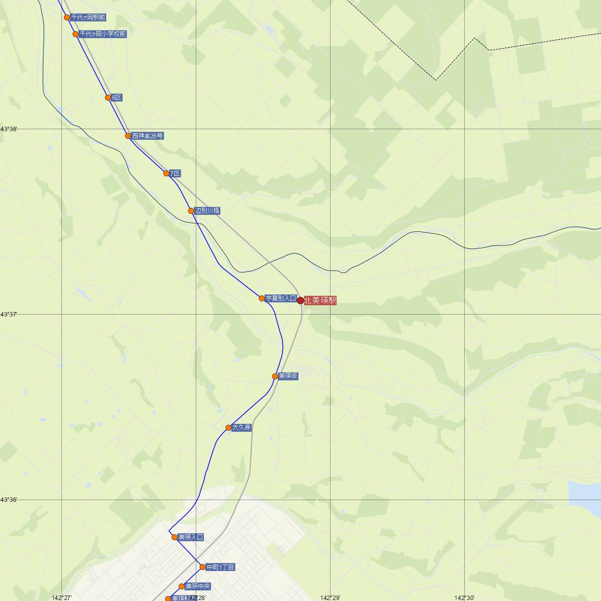 北美瑛駅（JR北海道）周辺のバス路線図