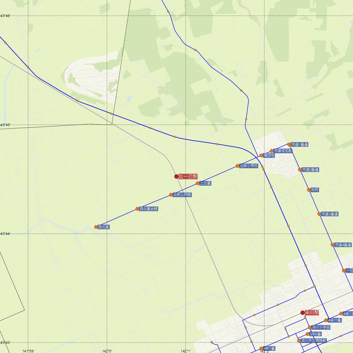 北一已駅（JR北海道）周辺のバス路線図