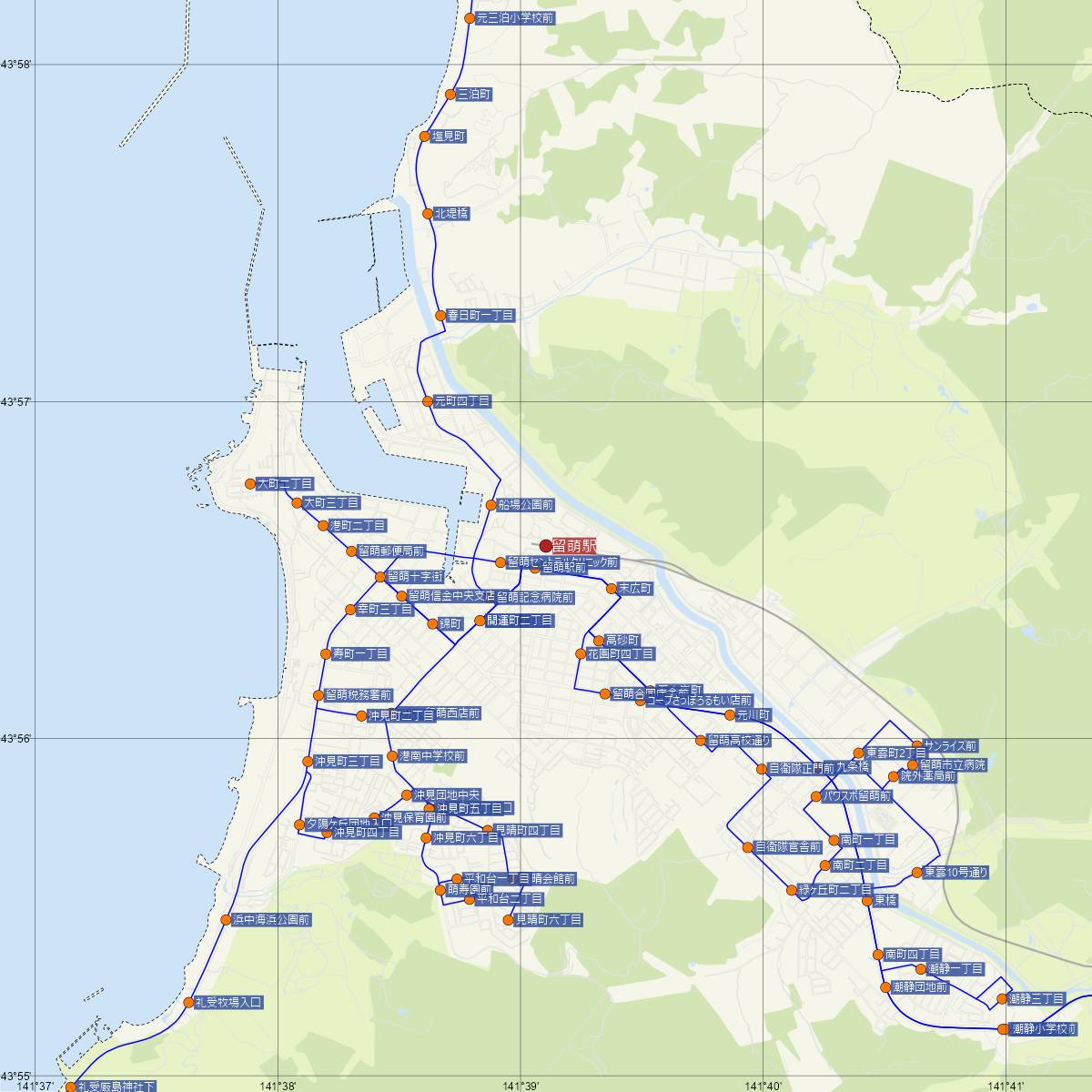 留萌駅（JR北海道）周辺のバス路線図