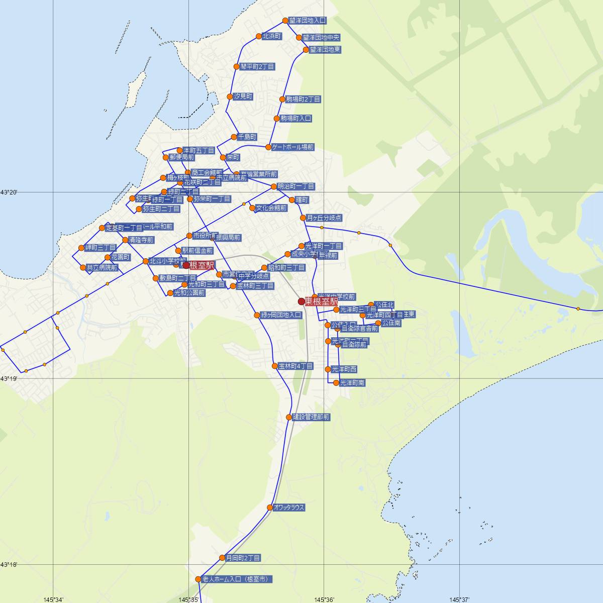 東根室駅（JR北海道）周辺のバス路線図