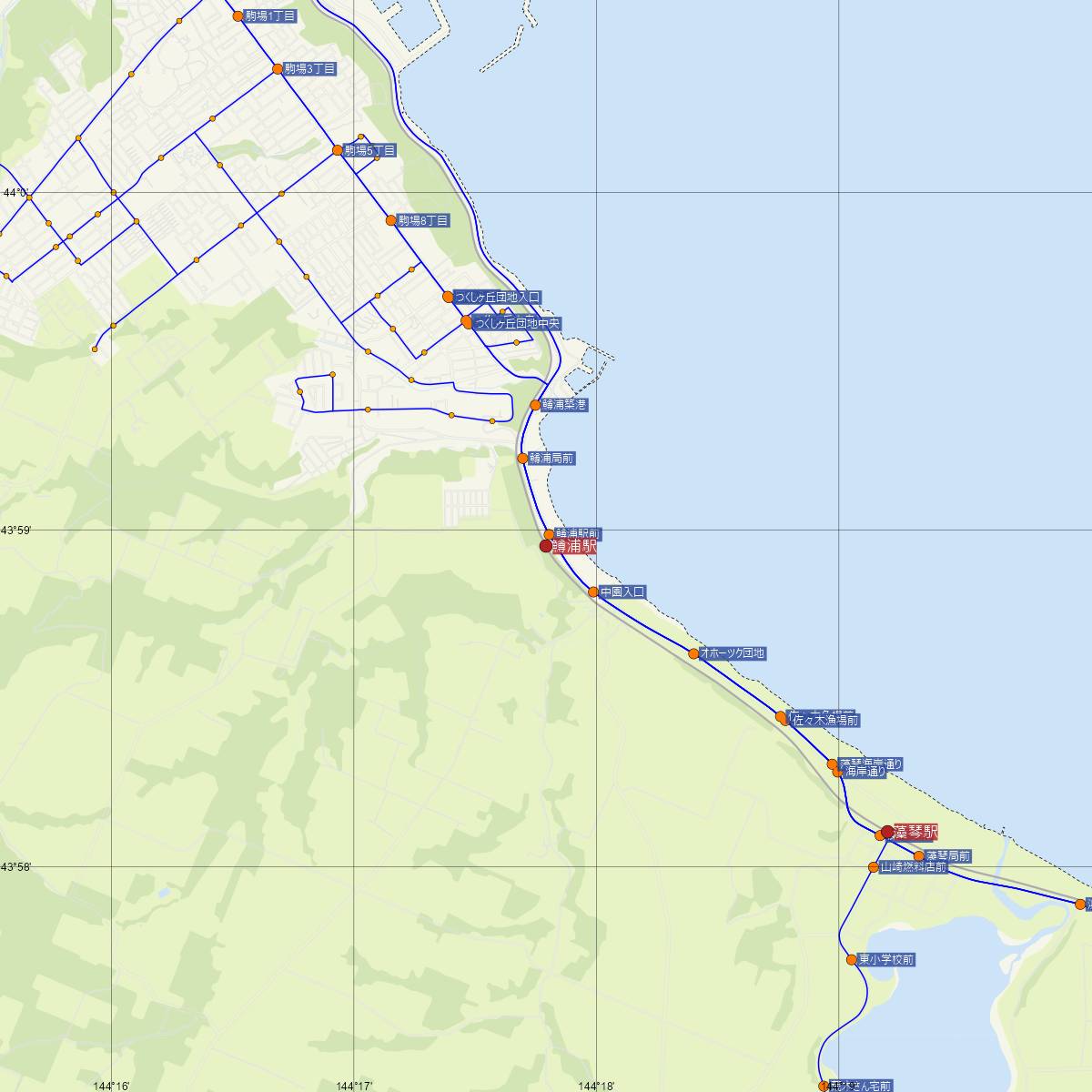 鱒浦駅（JR北海道）周辺のバス路線図