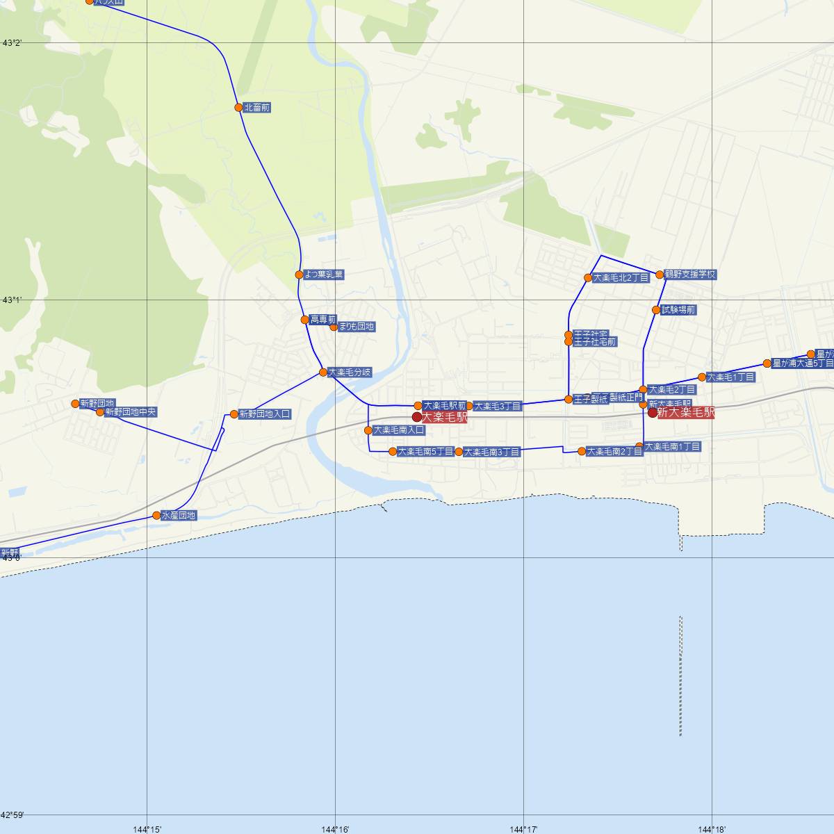 大楽毛駅（JR北海道）周辺のバス路線図