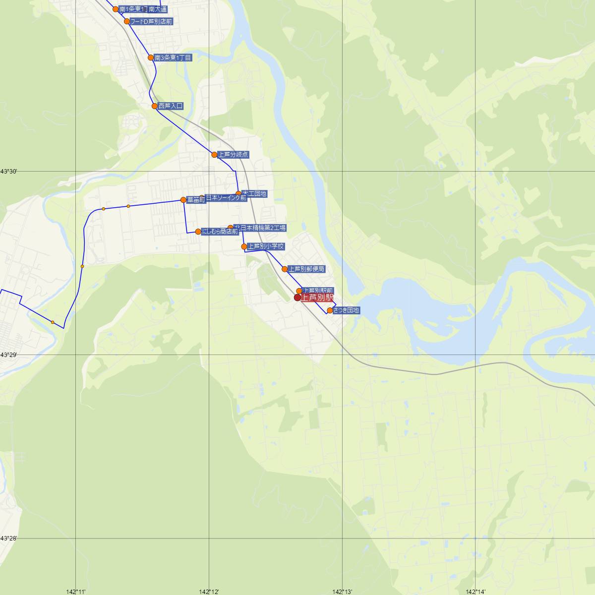 上芦別駅（JR北海道）周辺のバス路線図