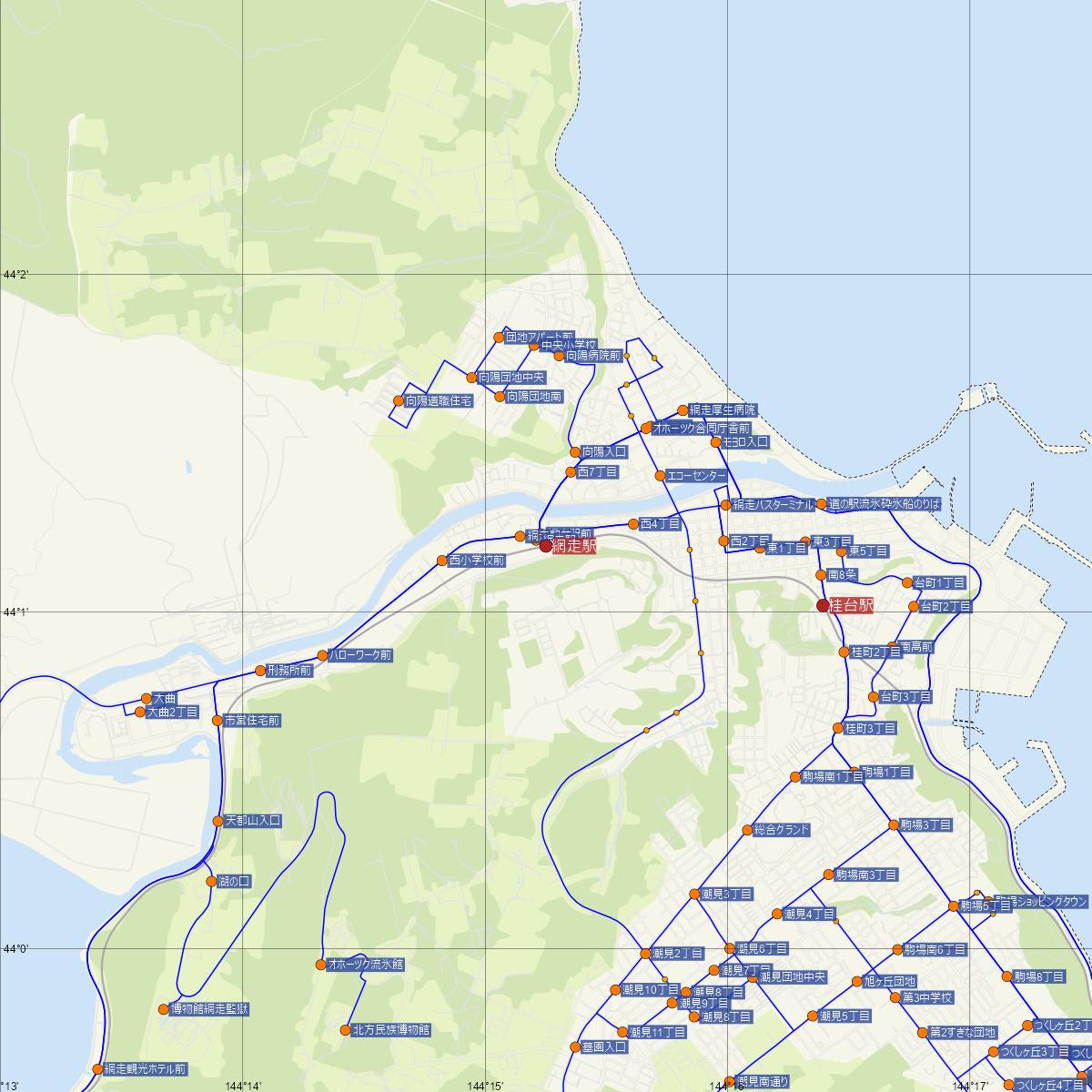 網走駅（JR北海道）周辺のバス路線図