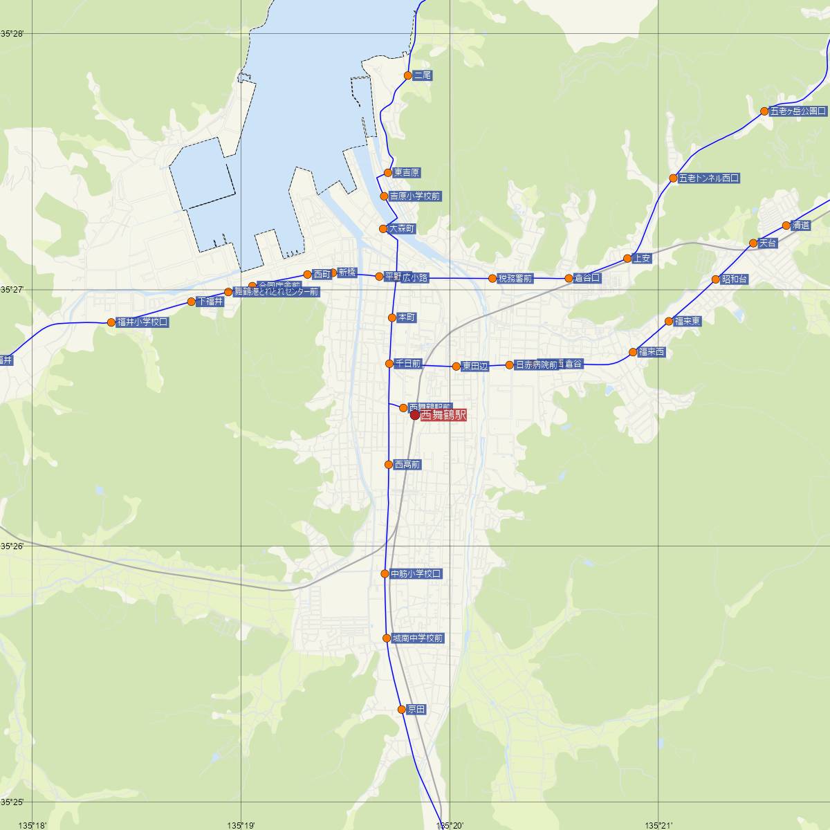 西舞鶴駅（京都丹後鉄道）周辺のバス路線図
