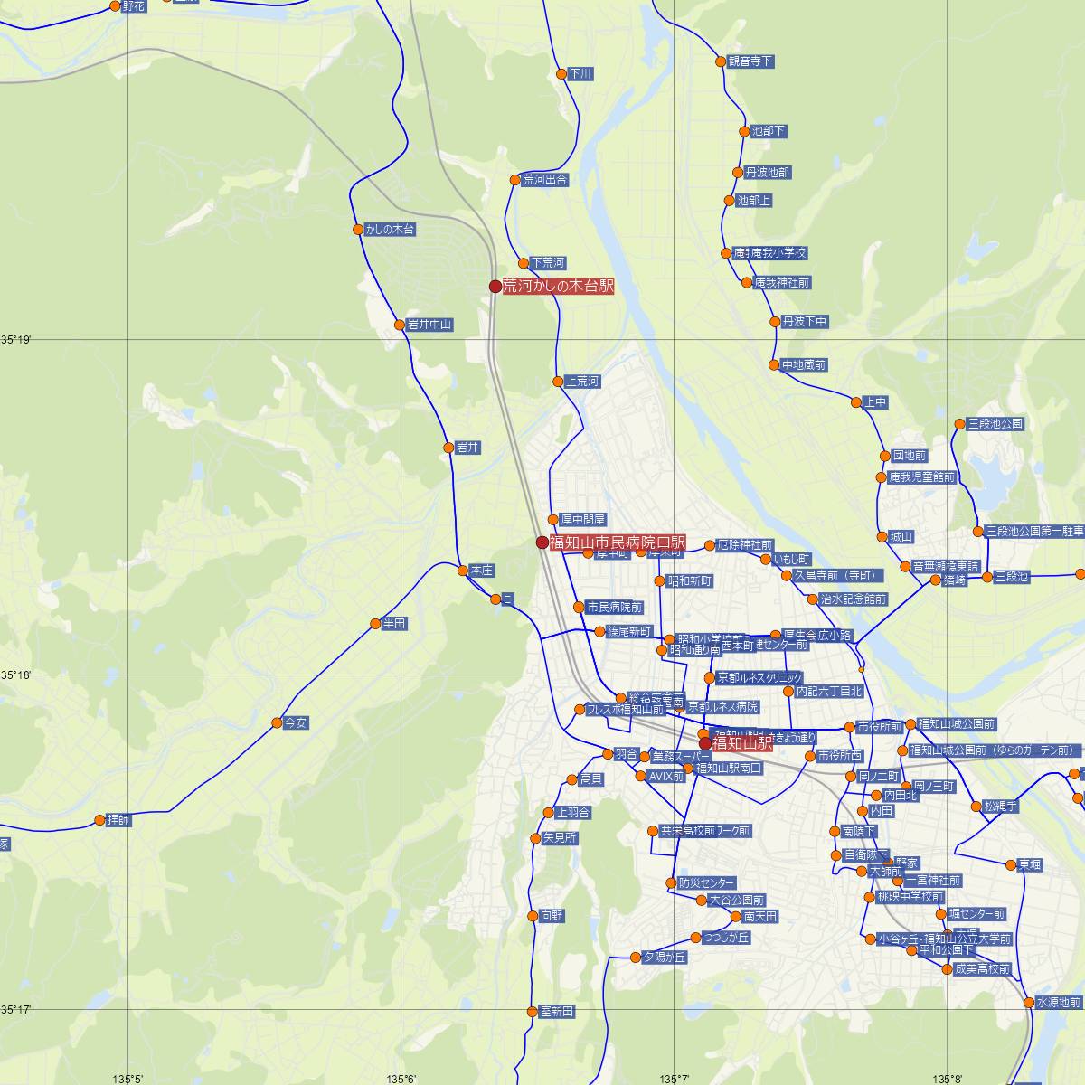 福知山市民病院口駅（京都丹後鉄道）周辺のバス路線図
