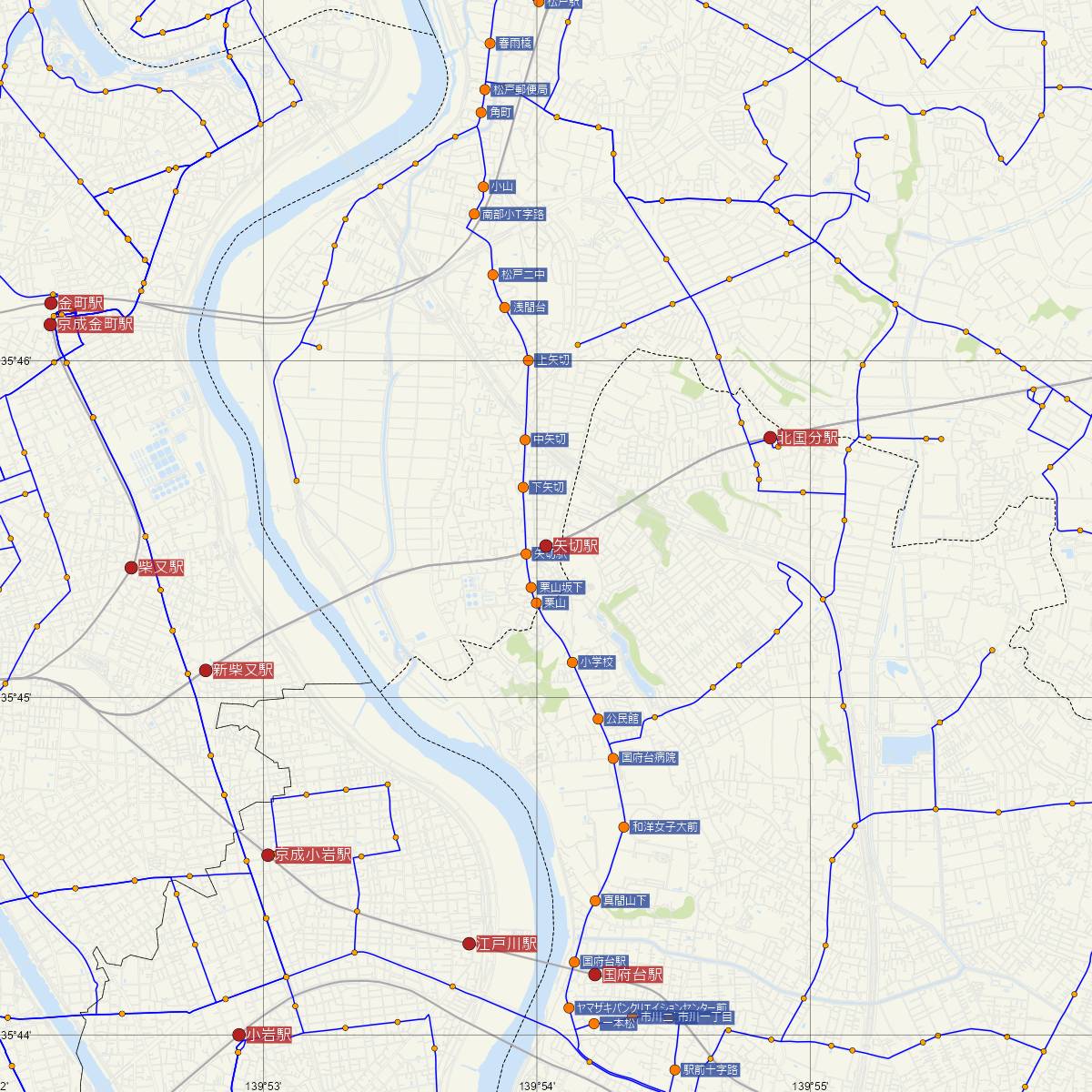 矢切駅（北総線）周辺のバス路線図