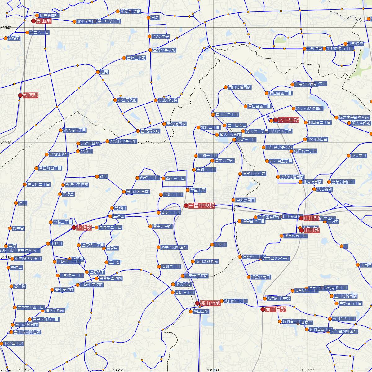 千里中央駅（北大阪急行電鉄）周辺のバス路線図