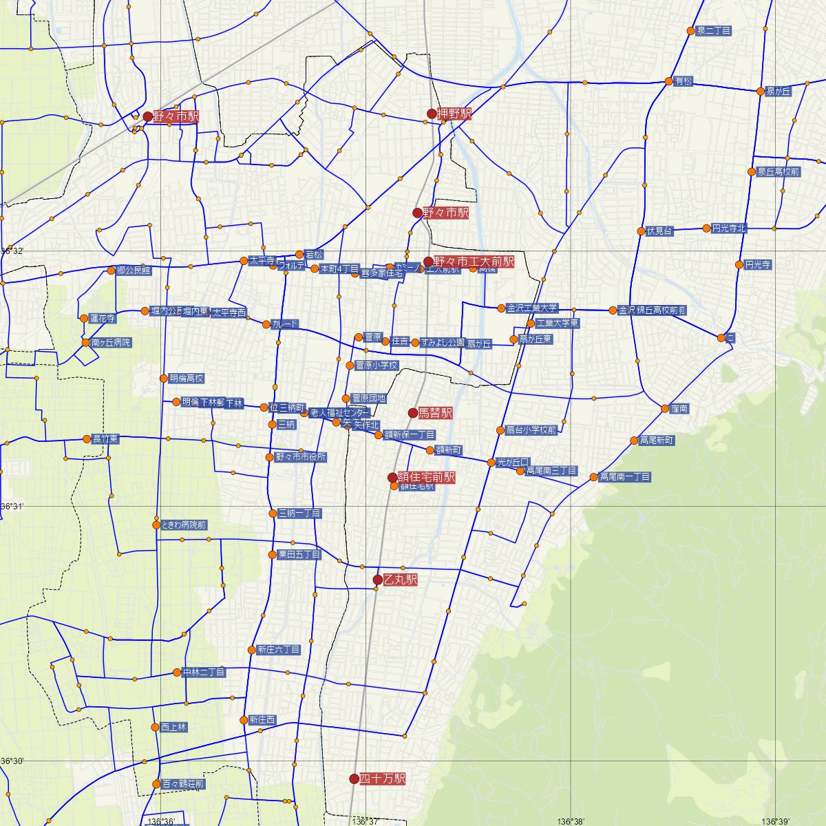 馬替駅（北陸鉄道）周辺のバス路線図