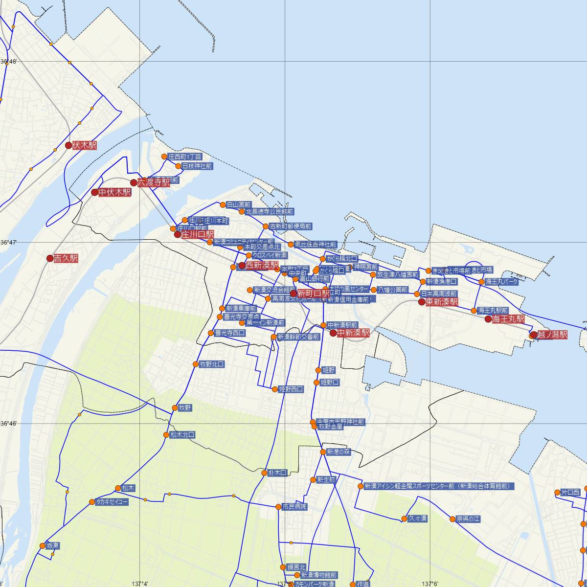 新町口駅（万葉線）周辺のバス路線図