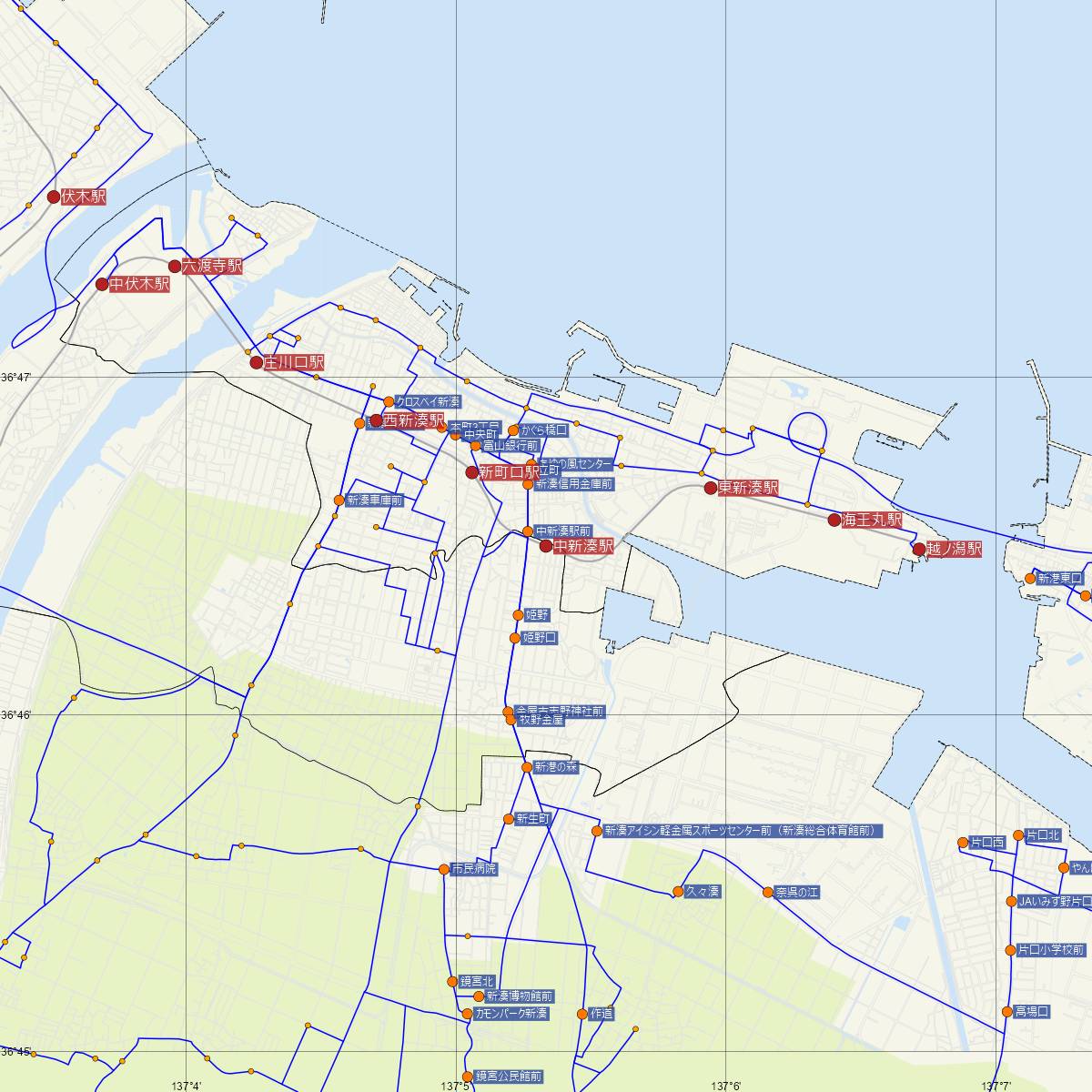 中新湊駅（万葉線）周辺のバス路線図