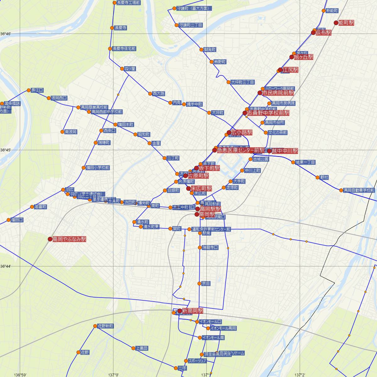 末広町駅（万葉線）周辺のバス路線図