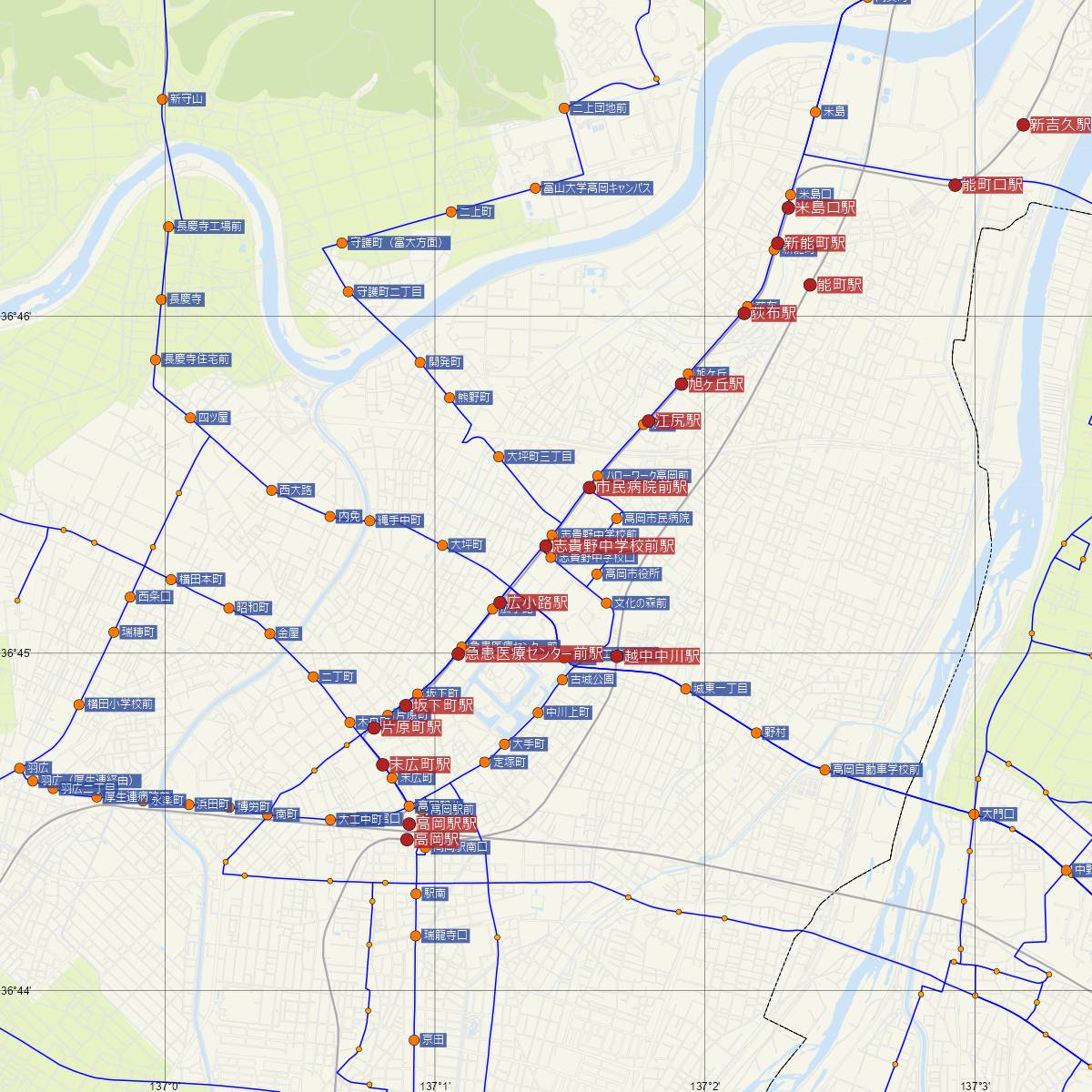 志貴野中学校前駅（万葉線）周辺のバス路線図