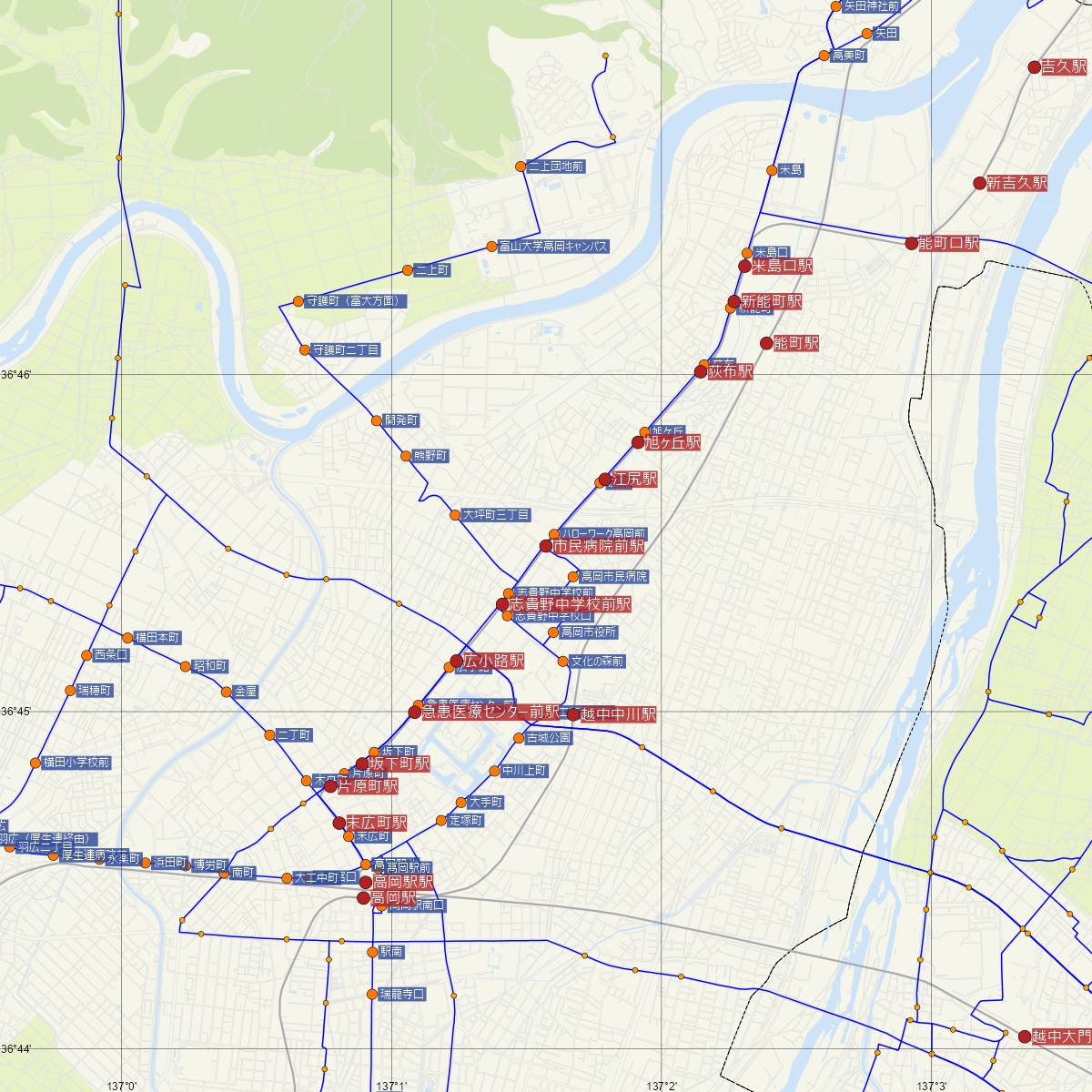 市民病院前駅（万葉線）周辺のバス路線図