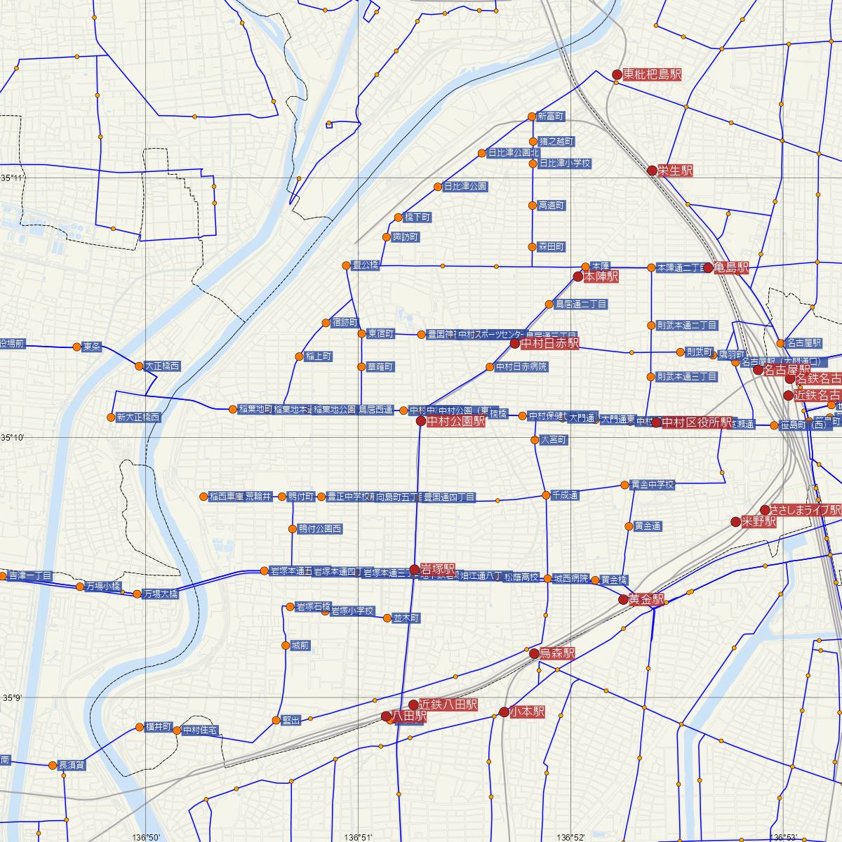 中村公園駅（名古屋市営地下鉄）周辺のバス路線図