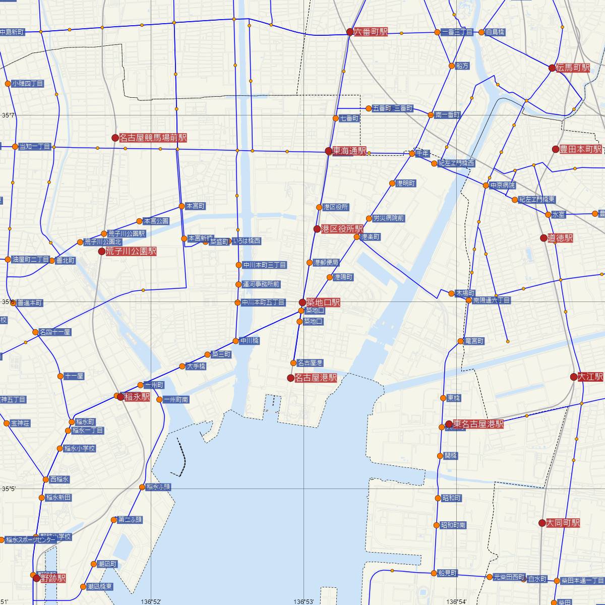 築地口駅（名古屋市営地下鉄）周辺のバス路線図