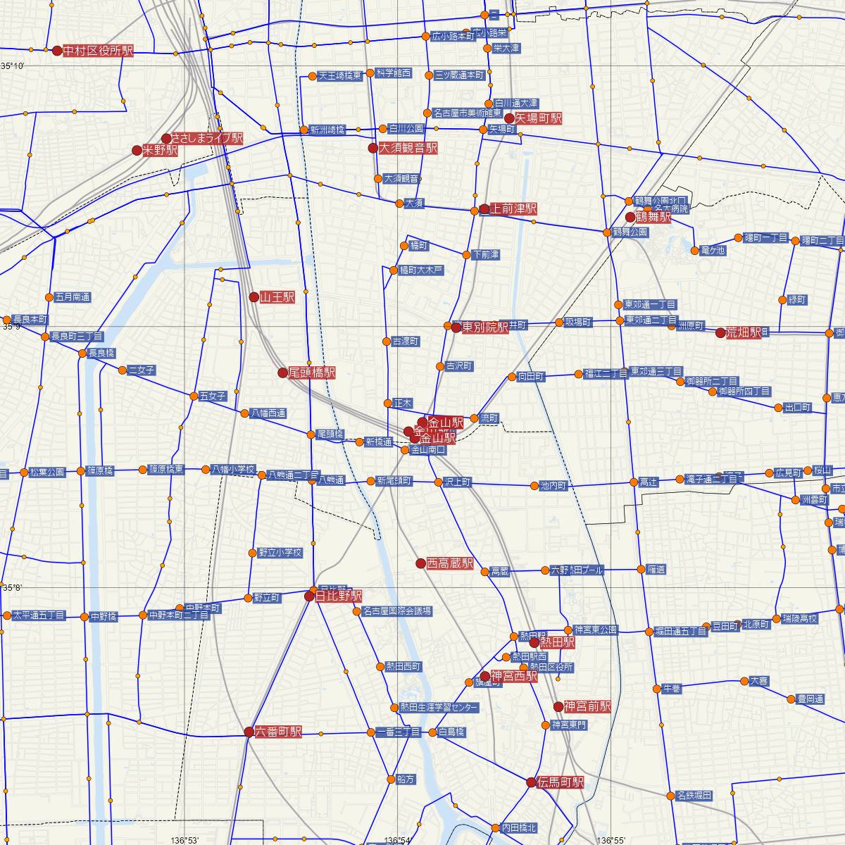 金山駅（名古屋市営地下鉄）周辺のバス路線図