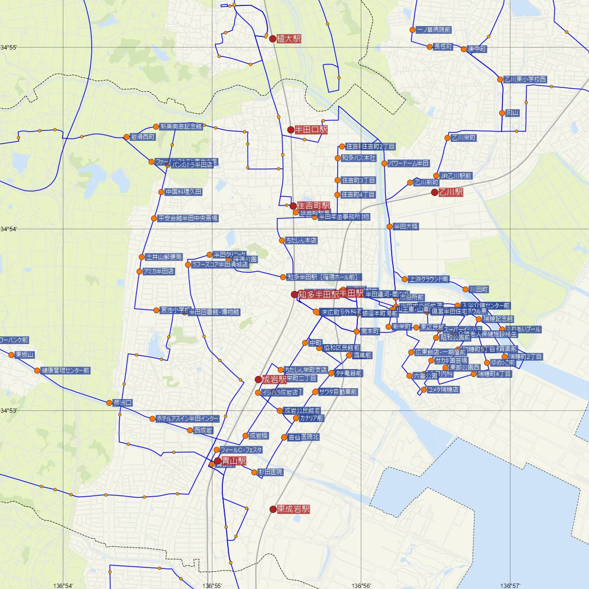 知多半田駅（名古屋鉄道）周辺のバス路線図