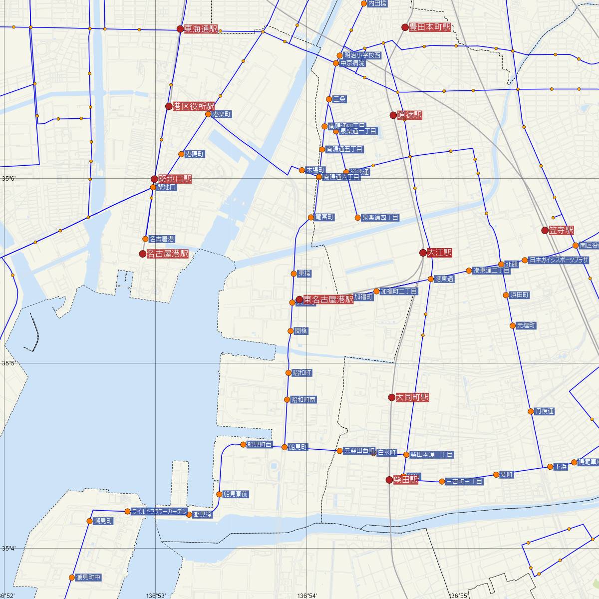 東名古屋港駅（名古屋鉄道）周辺のバス路線図