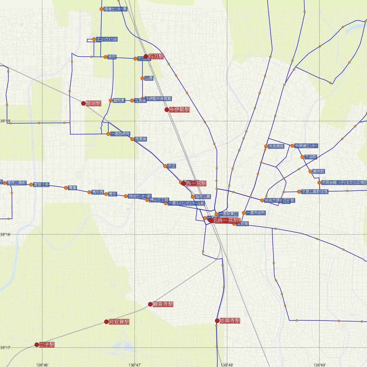 西一宮駅（名古屋鉄道）周辺のバス路線図