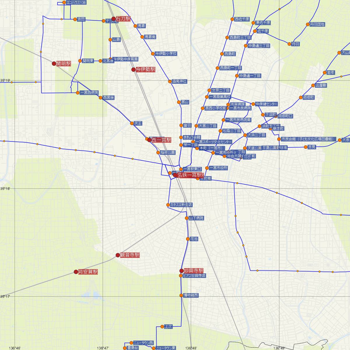 名鉄一宮駅（名古屋鉄道）周辺のバス路線図