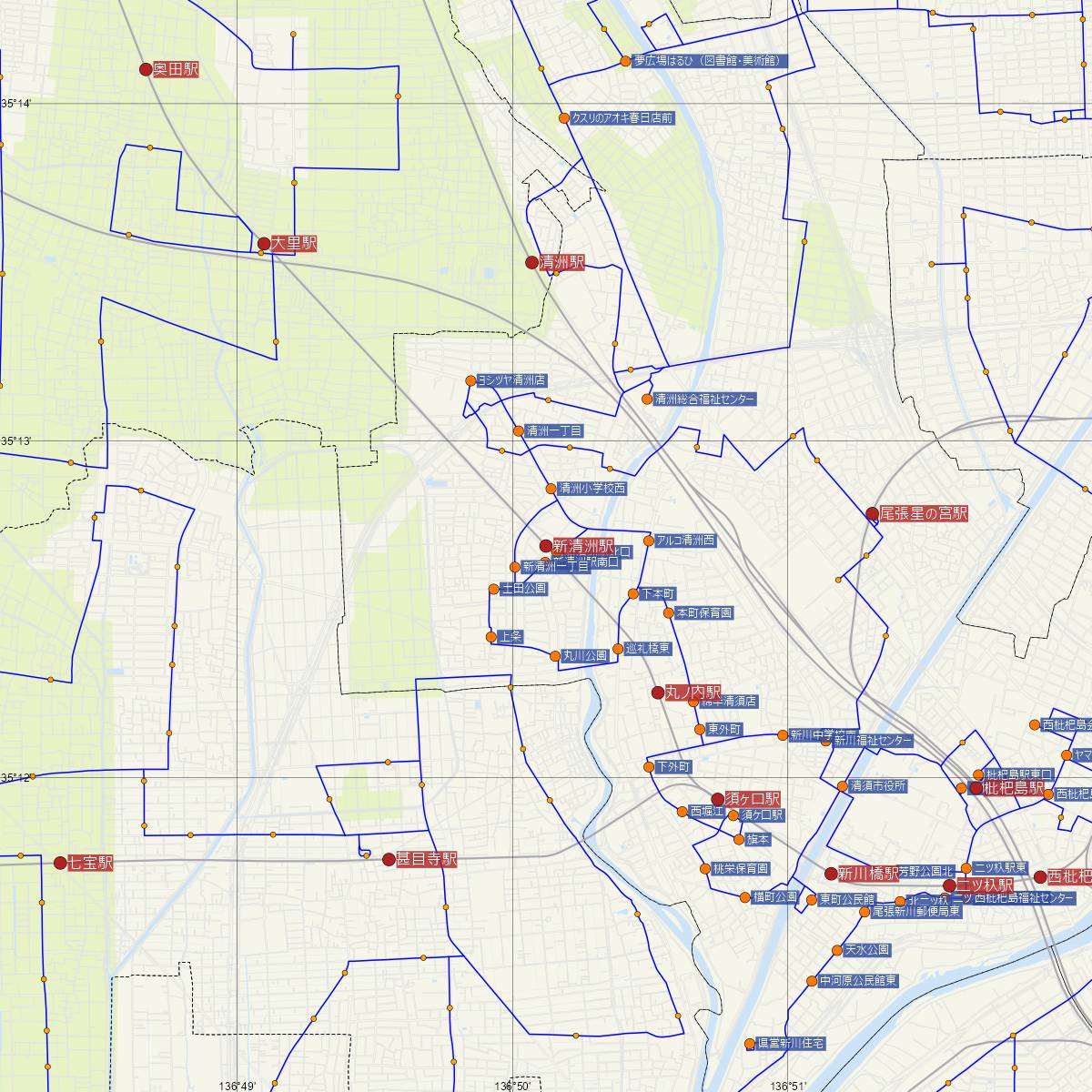 新清洲駅（名古屋鉄道）周辺のバス路線図