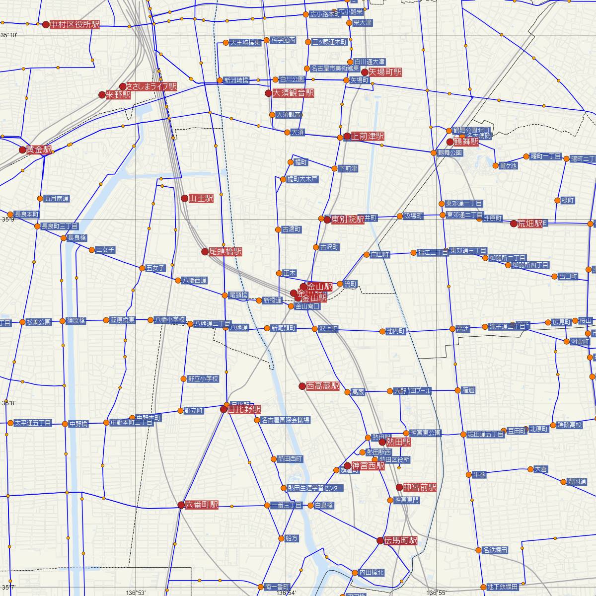 金山駅（名古屋鉄道）周辺のバス路線図