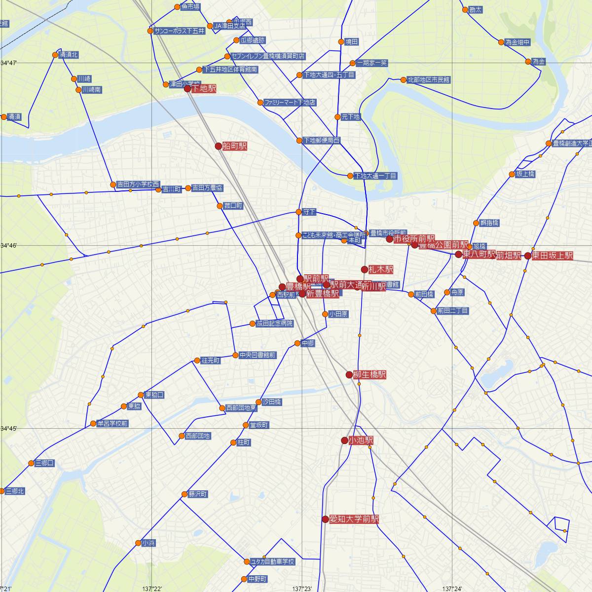 豊橋駅（名古屋鉄道）周辺のバス路線図