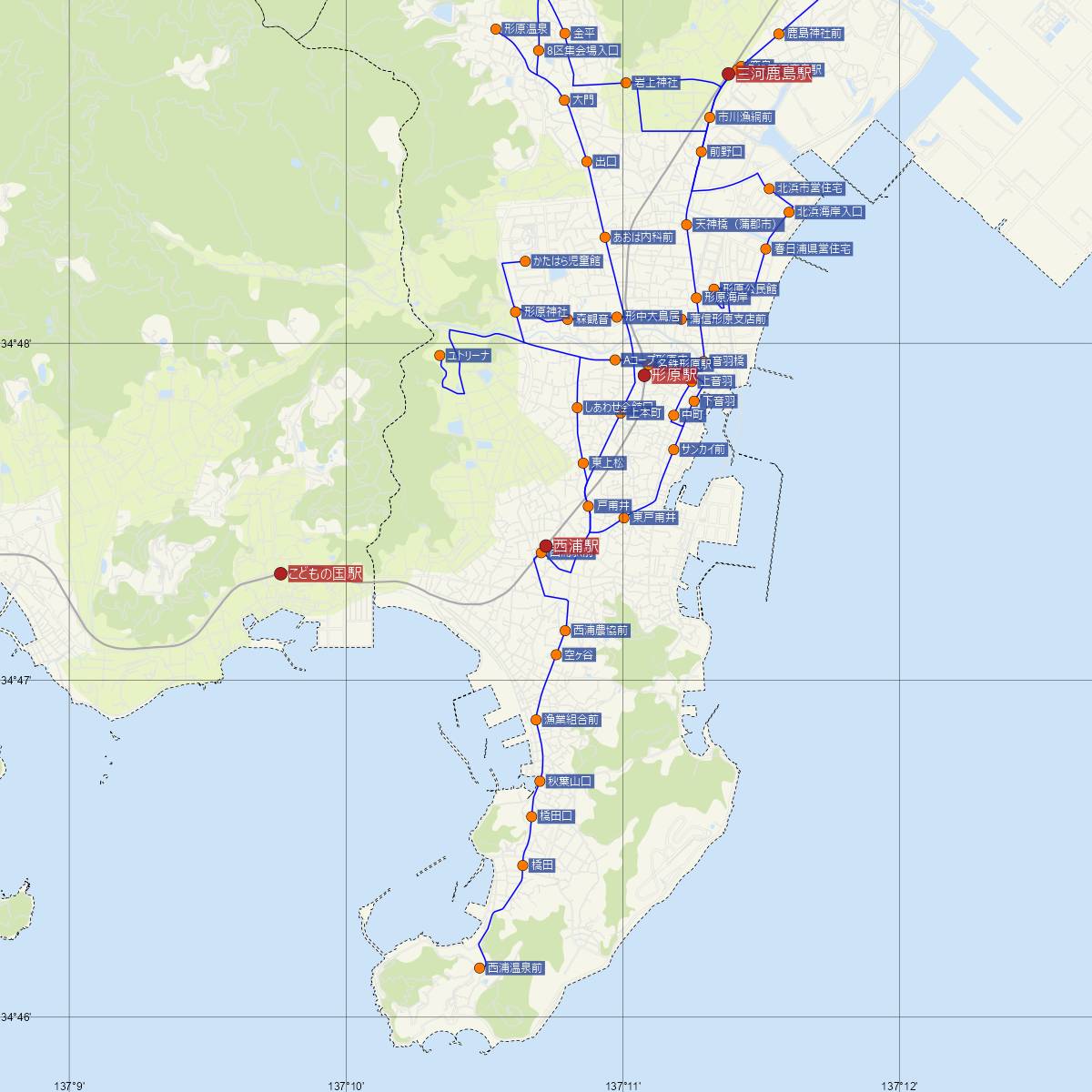 西浦駅（名古屋鉄道）周辺のバス路線図